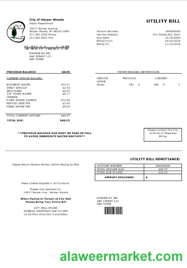USA CITY OF HARPER WOODS business utility bill Word and PDF template